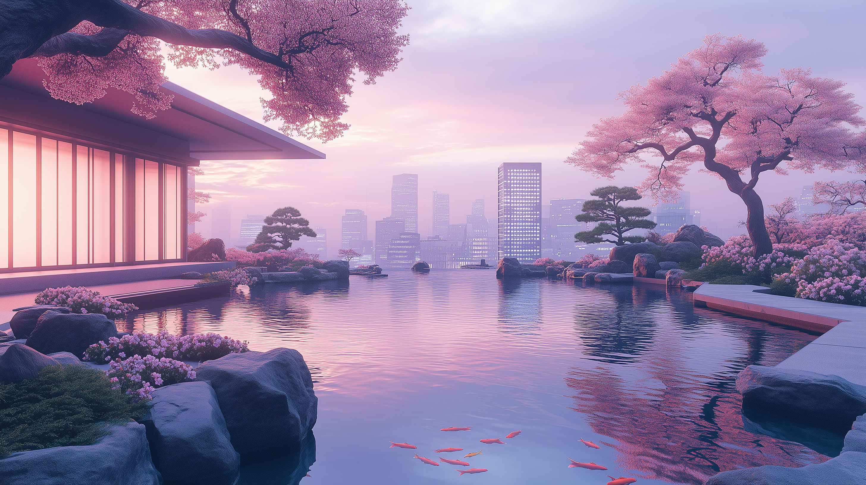 Serene Japanese garden with modern cityscape